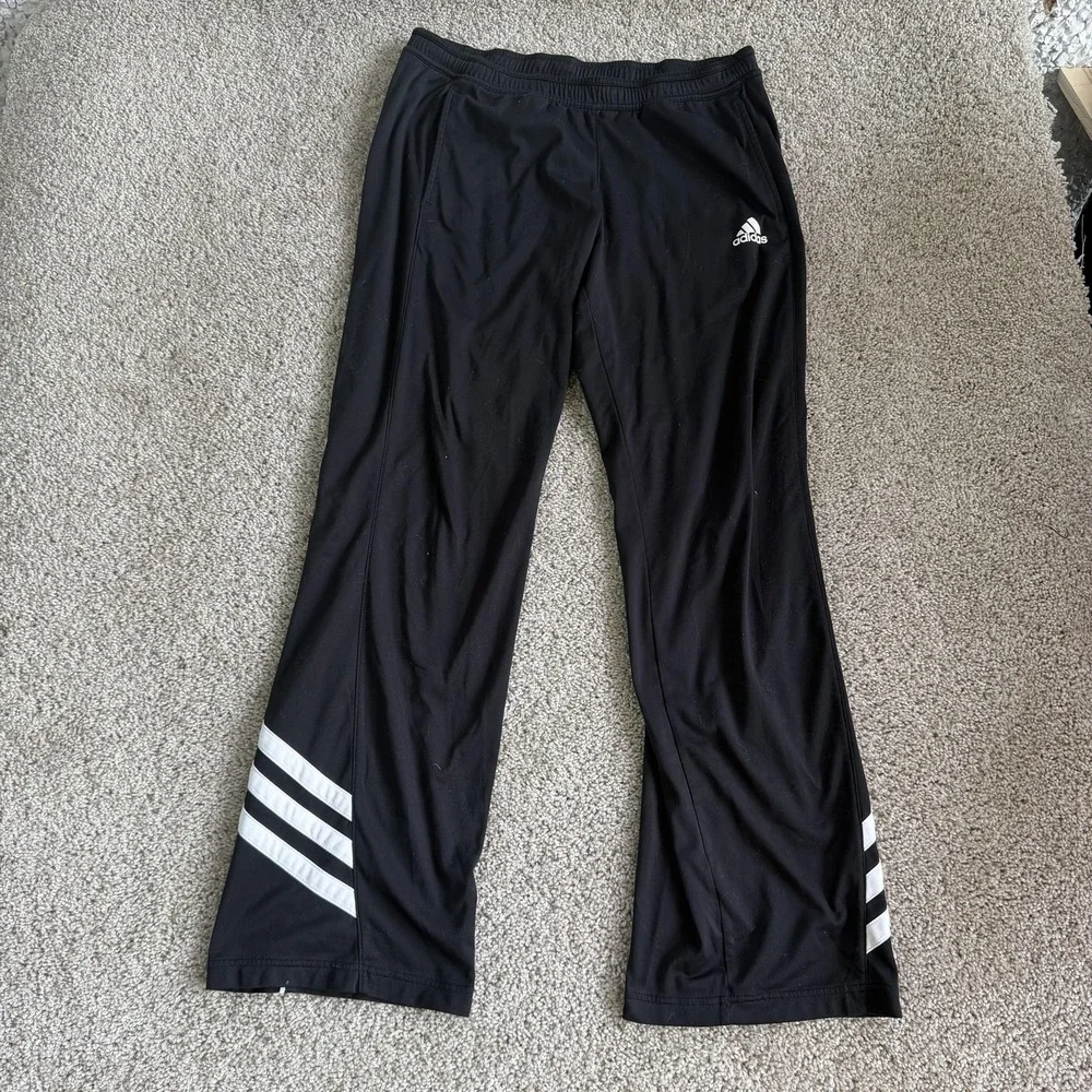 Adidas Track Pants Mens Medium Black Knit Elastic Waist Pockets Stripe Bootcut
